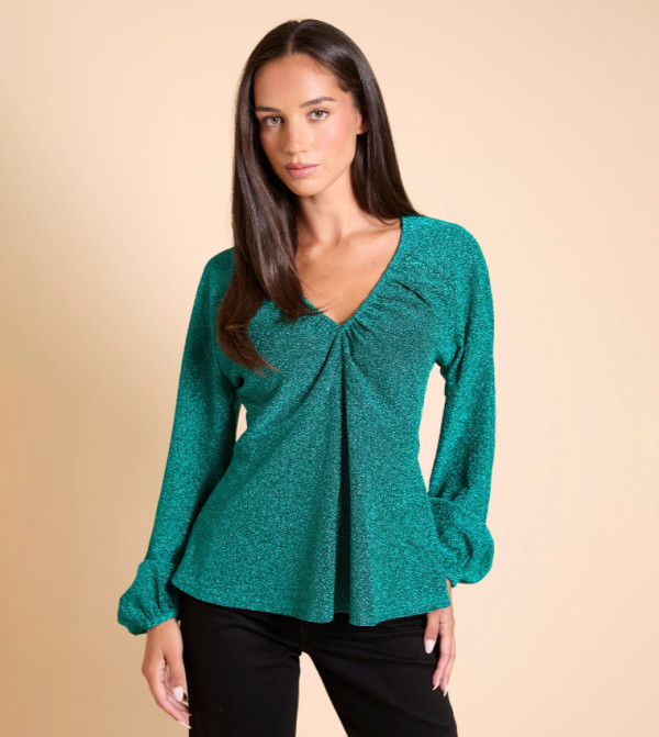Glittered V-Neck Long Sleeves Top