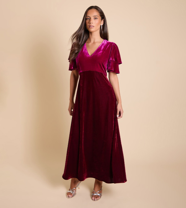 DP Luxe Velvet Double Flutter Color Block Maxi Dress