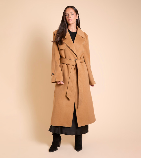Wrap Double Breasted Belted Wool Look Overcoat
