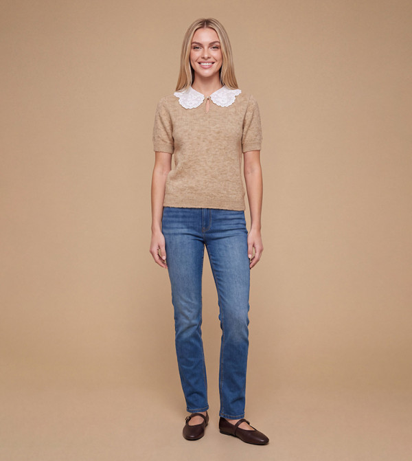 Broderie Woven Collar Detail Crop Knitted Sweater