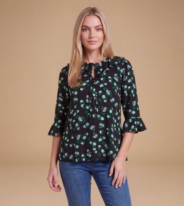 Ditsy Print Frill Tie Neck Printed Top