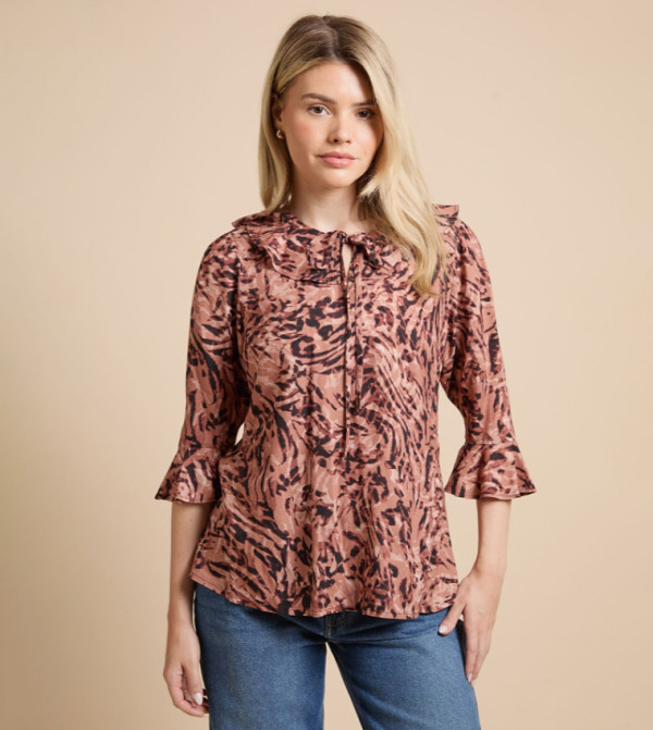 Frill Tie Neck Printed Top