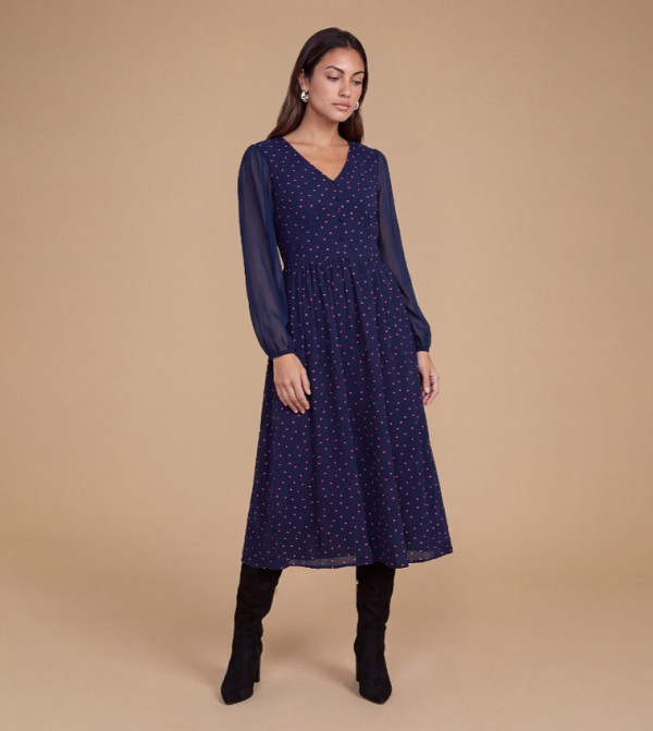 Petite Polka Dots Button Front Tiered Hem Midi Dress