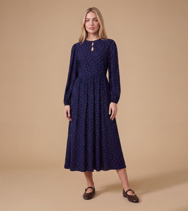 Polka Dots Double Keyhole Blouson Sleeves Midi Dress