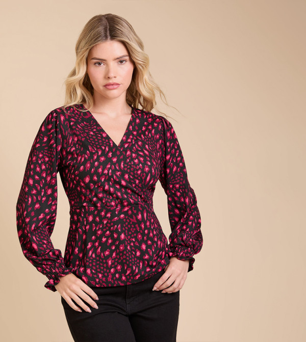 Animal Wrap Front Shirred Waist Long Sleeves Top