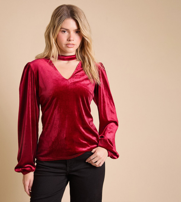 V-Neck Blouson Sleeves Velvet Long Sleeves Top