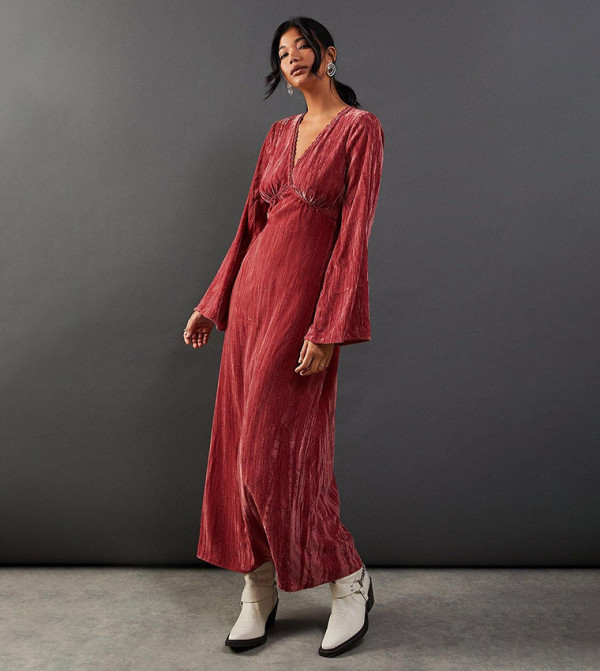 Crushed Velvet Plunge Neck Lace Insert Maxi Dress