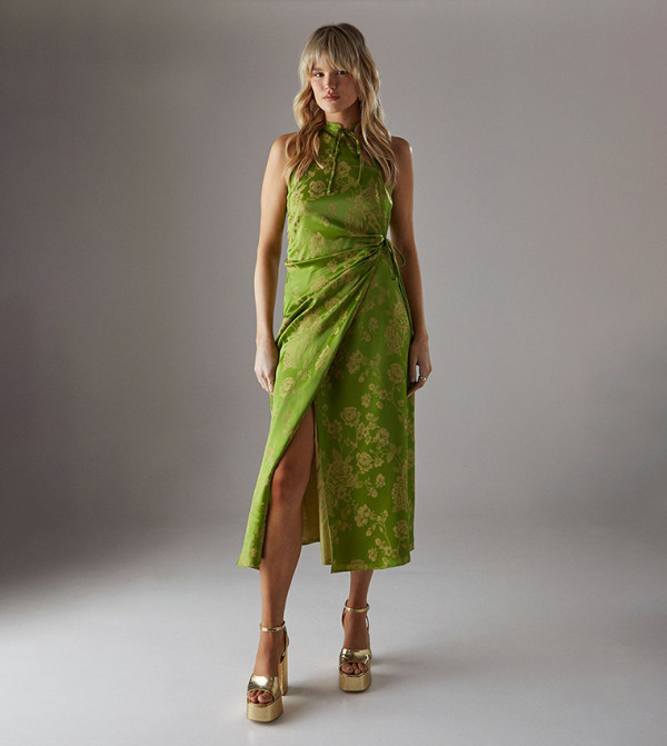 Satin Jacquard Tie Racer Wrap Midi Dress