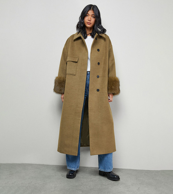 Patch Pocket Asymmetric Fur Trim Car Coat