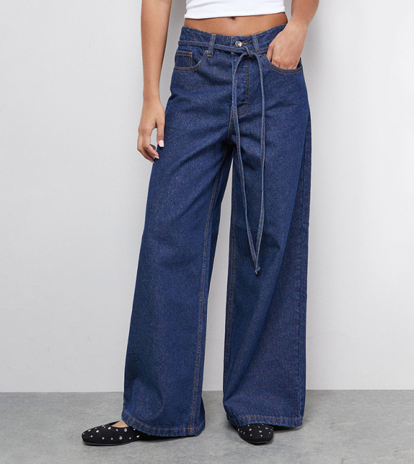 Washed Tie Waist Wide Leg Jeans