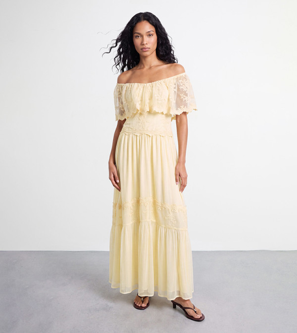 Embroidered Ruffle Tulle Maxi Dress