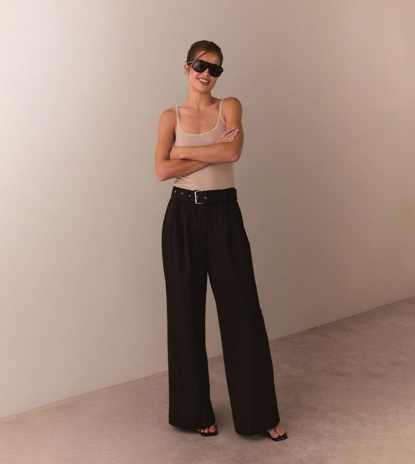 Premium Belted Pinstriped Wide Leg Trousers