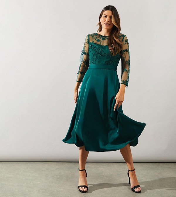 Mesh Overlay Fit and Flare Dress