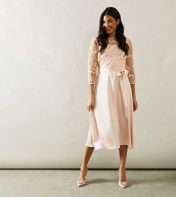 Satin and Mesh Overlay Fit and Flare Dress
