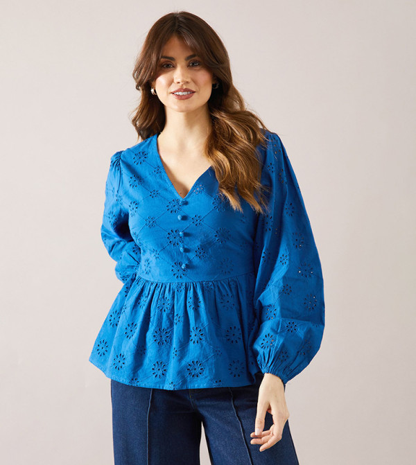 Broderie Button Peplum Top