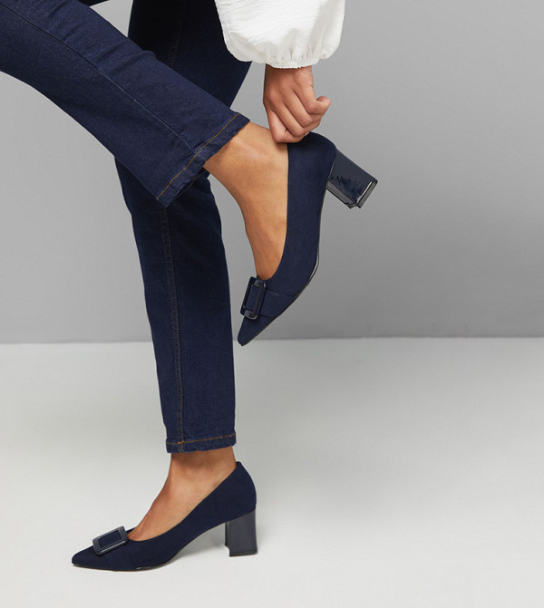 Danny Faux Suede Covered Buckle Block Heel Pumps