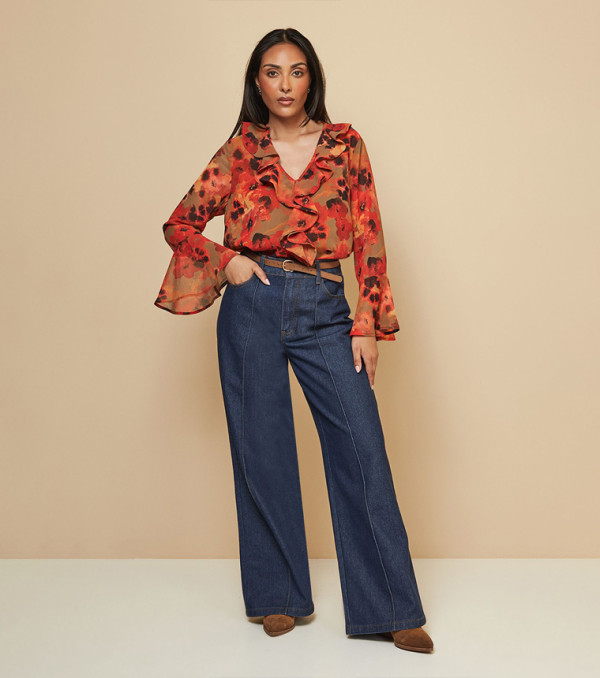Petite Floral Printed Ruffle Detail Top
