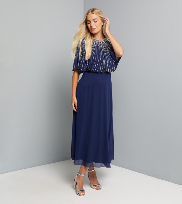 Petite Linear Embellished Crew Neck Midi Dress