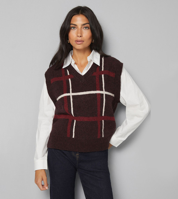 2 In 1 Check Knitted Sweater Vest and Shirt