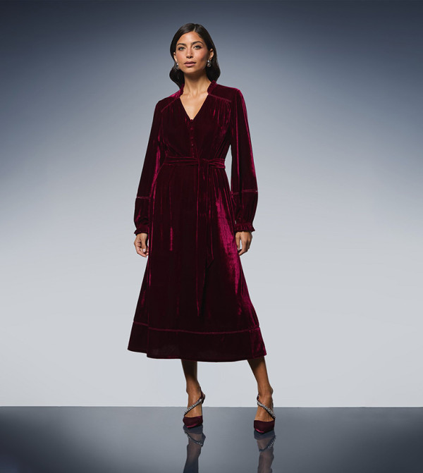 Velvet Tie Belt Button Down Midi Dress