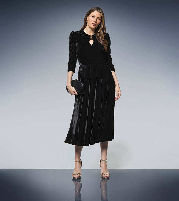 Velvet Embellished Pleated Midi Dress
