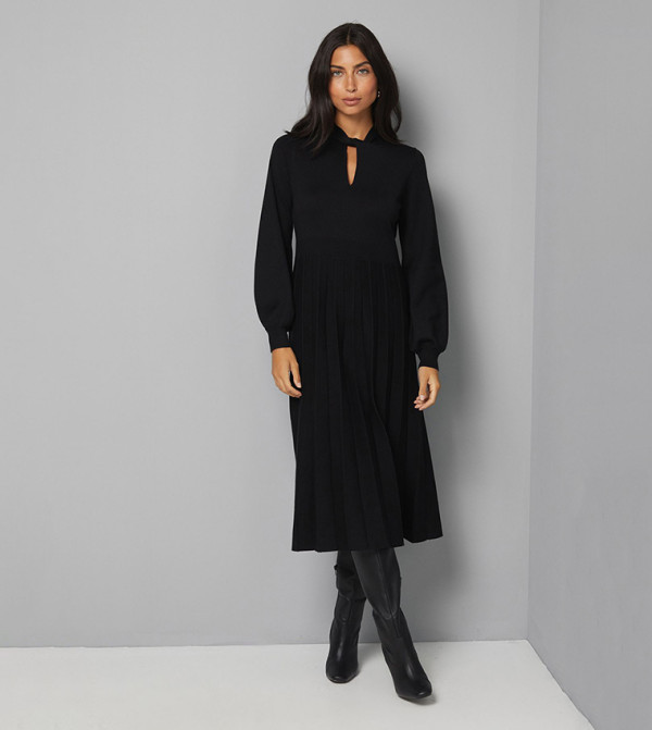 Twist Neck Keyhole Pleated Midi Dress