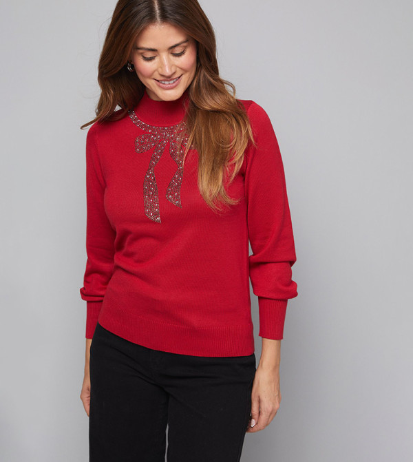 Embellished Bow Blouson High Neck Sweater