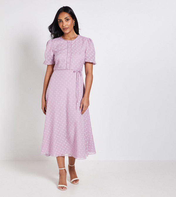 Petite 3D Floral Button Midi Dress