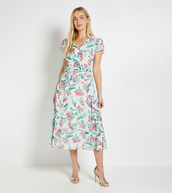 Petite Floral Dobby Ruffle Midi Dress