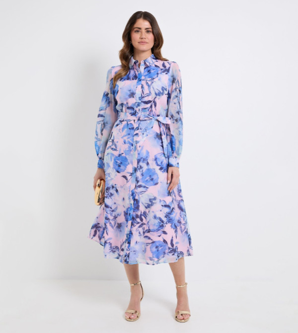 Floral Print Organza Shirt Midi Dress