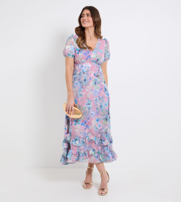 Floral Print Satin Ruffle Hem Midaxi Dress