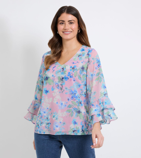 Floral Printed Flutter Sleeves Top