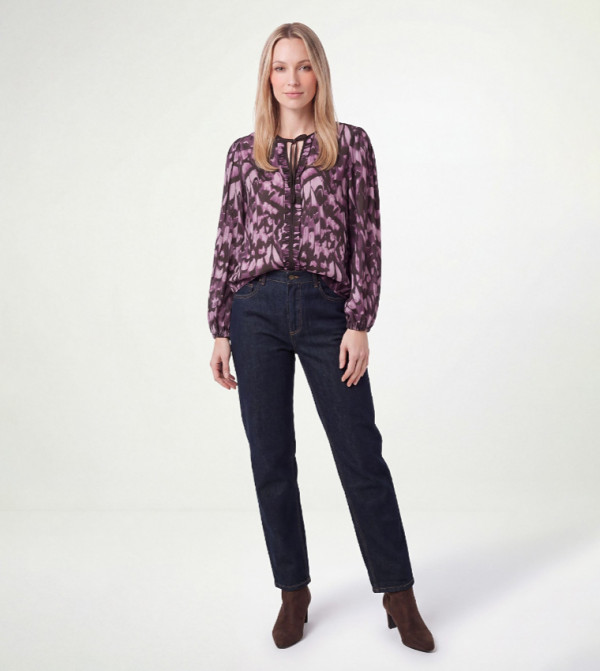 Petite Abstract Butterfly Ruffle Front Long Sleeves Top