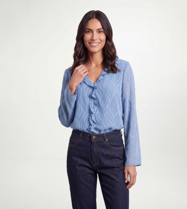 Jacquard Ruffle Detail V-Neck Top