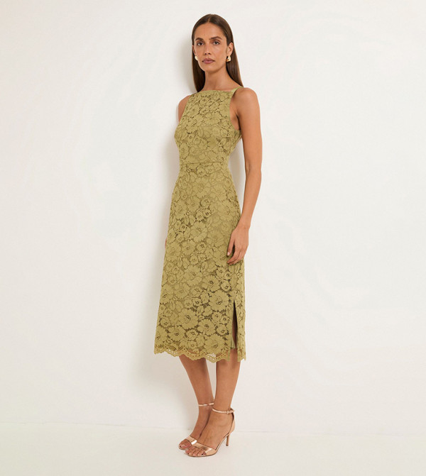 Lace Satin Strap Pencil Midi Dress