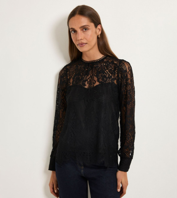 Lace Scallop Hem Long Sleeves Top