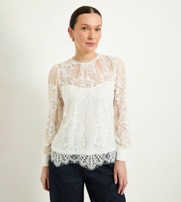 Lace Scallop Hem Long Sleeves Top