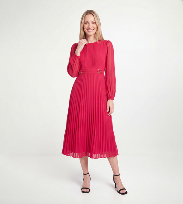 Petite Pleated Long Sleeves Midi Dress