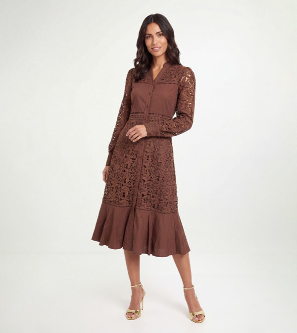 Lace Insert Cotton Midi Shirt Dress