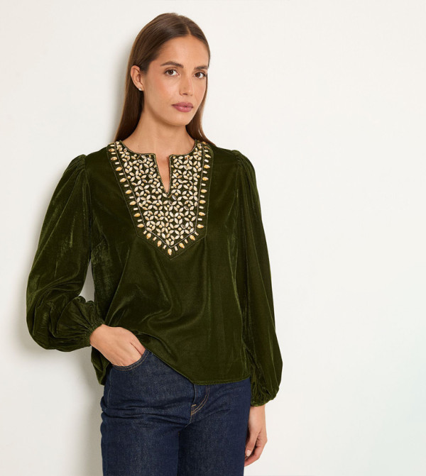Velvet Embellished Long Sleeves Top