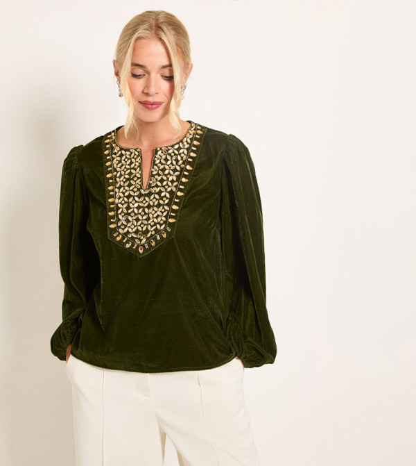 Petite Velvet Embellished Long Sleeves Top