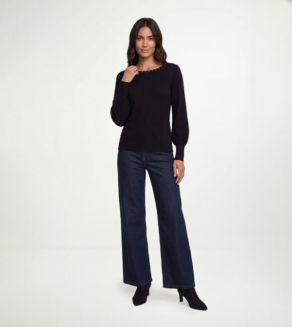 Stud Detail Fine Crew Neck Knitted Sweater