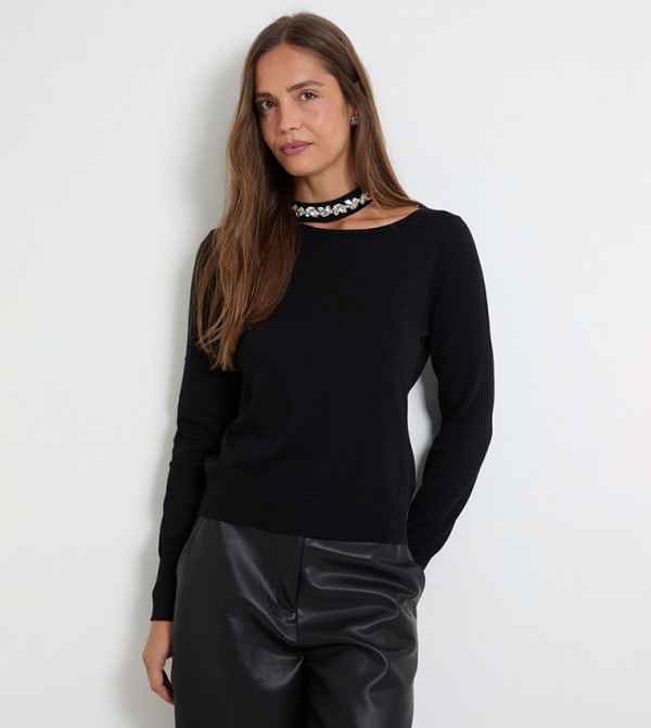 Embellished Neckline Crew Neck Sweater