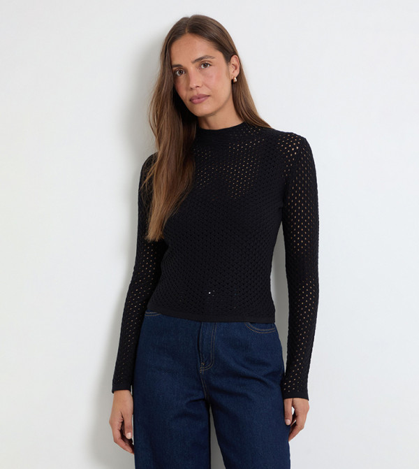 Pointelle Stitch Fine High Neck Knitted Sweater