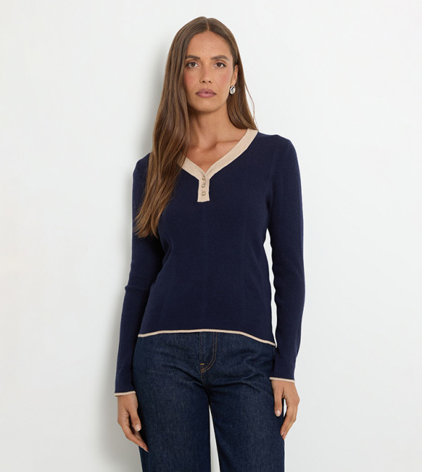 Contrast Trim Fine V-Neck Knitted Sweater