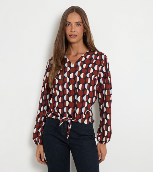 Polka Dots Tie Long Sleeves Top