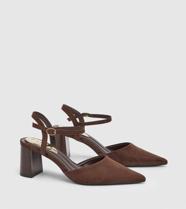 Maya Faux Suede Ankle Strap Block Heel Mule Pumps