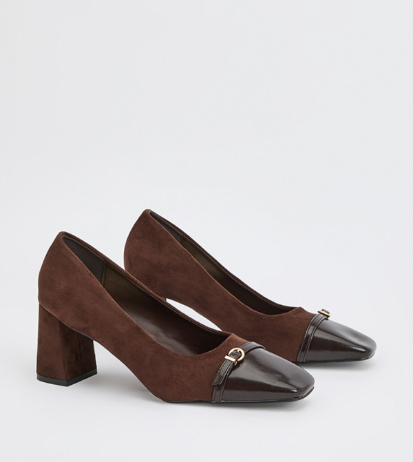 Minnie Toe Cap Faux Leather Buckle Detail Block Heel Pumps