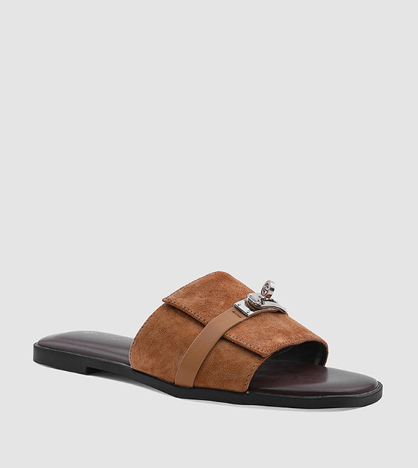 Metal Accent Open Toe Flat Sandals