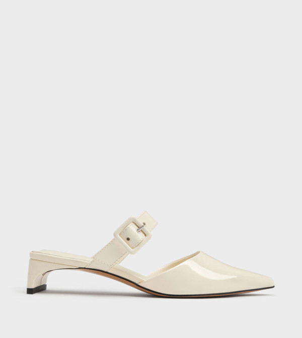Glossy Buckle-Strap Pointed Toe Mule Pumps